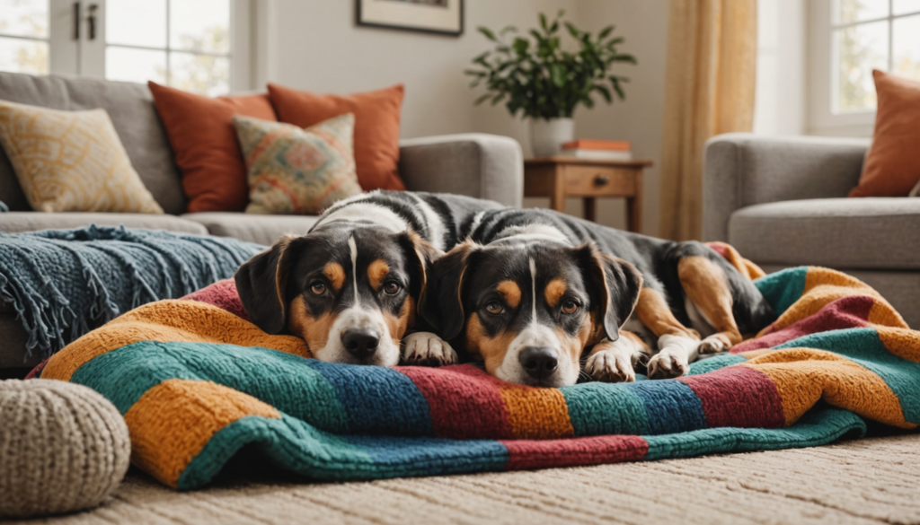 Two dogs lying on a colorful blanket in a cozy living room, with one happily licking the fabric while sofas and cushions create a snug backdrop.