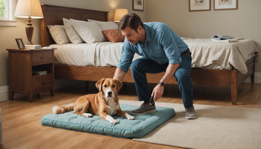 A man kneels next to a dog lying on a blue mat in a bedroom setting.