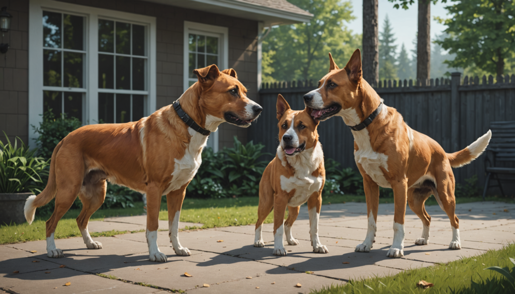 Three brown and white dogs, collars around their necks, stand on a paved surface in a backyard with grass and trees in the background. Their playful antics suggest a subtle but clear show of dominance among them.