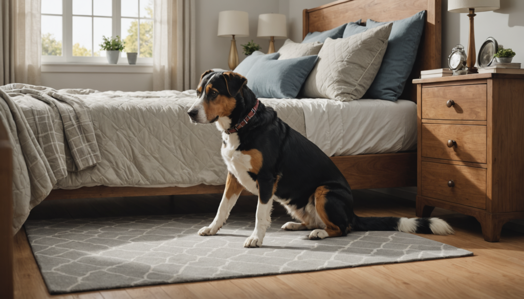 A dog sits on a patterned gray rug in a bedroom with a wooden bed, pillows, and a wooden nightstand.