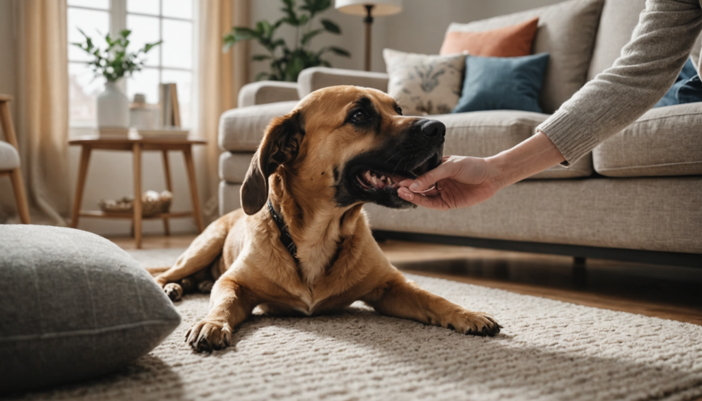 A large dog lies on a carpet in a living room while playfully nibbling on the person's hand as they reach out to pet its chin.