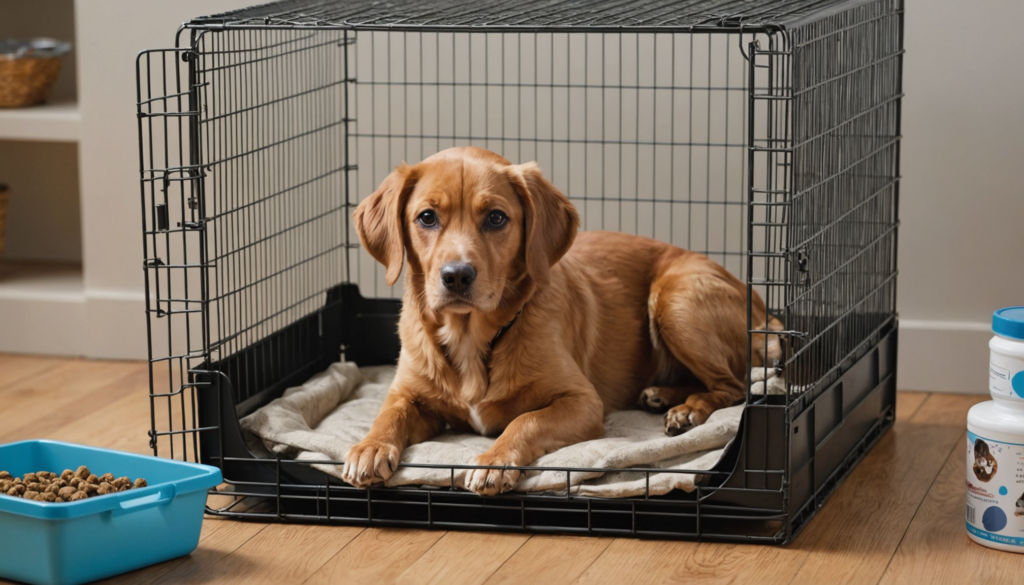 A brown dog lies in a wire crate on a cushion, surrounded by the lingering evidence of an accident earlier. Nearby, food and water bowls sit on the wooden floor, waiting to provide comfort after the dog pooped in the crate.