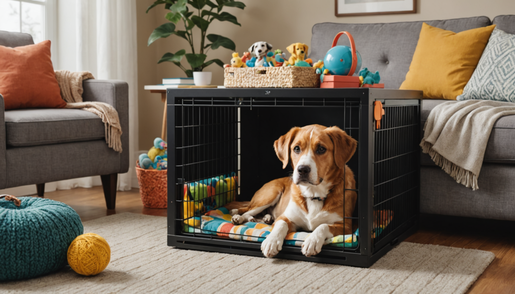 A brown and white dog lies inside a dog crate on a colorful cushion in the living room, looking innocent despite having pooped in the crate earlier. The room is cozy with gray couches, a plant, and a basket of pet toys.