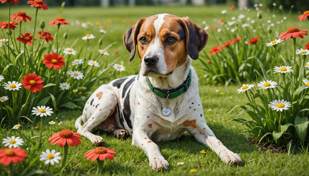 A brown and white dog with a green collar lies on grass surrounded by red and white flowers in a garden.