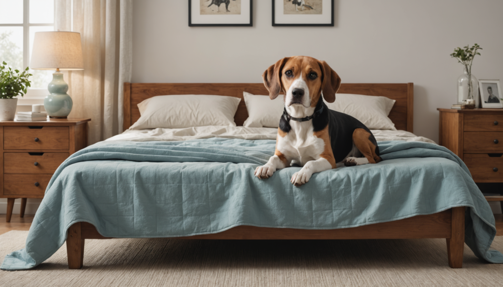 Dog Keeps Peeing On Bed featuring a beagle sits on a bed with a blue blanket in a neatly arranged bedroom. Two bedside tables with lamps and framed pictures are in the background.