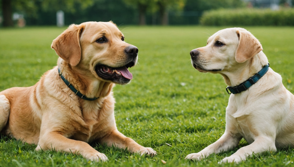 Two yellow Labrador retrievers with collars lie on the grass, gently nibbling on each other in a playful encounter, creating a charming scene in the park setting.