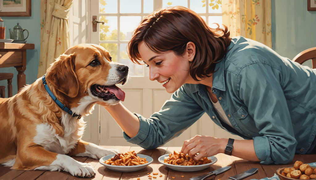 A woman smiles at a dog nibbling on her foot while placing two bowls of pasta on a table in a sunlit room.