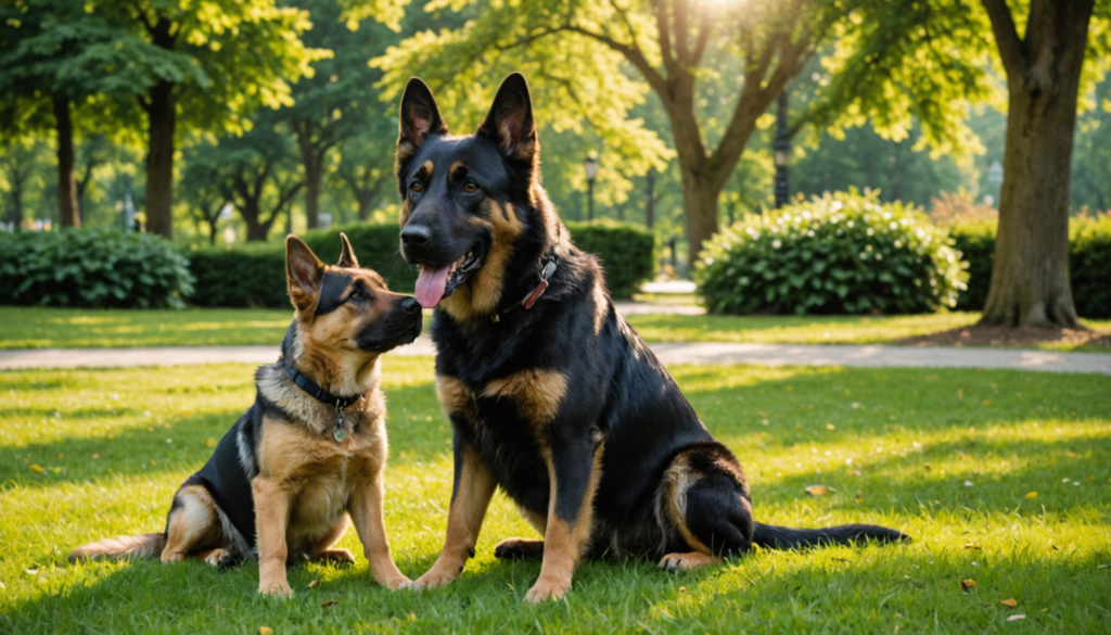 Two German Shepherds sit on a grassy lawn in a park. One glances with an air of dominance at the other, which is panting lightly. Sunlight filters through the trees in the background, casting a warm glow over their playful scene.