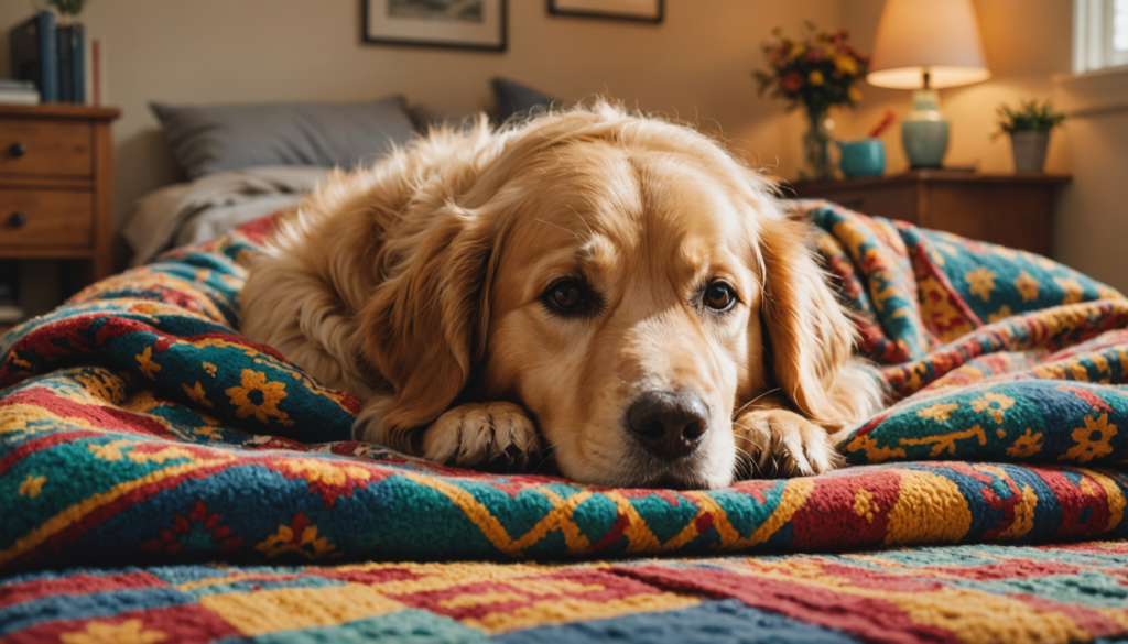 A golden retriever contentedly lies on a colorful quilt in a cozy bedroom with warm lighting, occasionally licking the blanket with gentle affection.