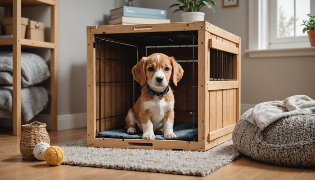 A puppy sits inside a wooden crate on a cushion, looking innocent despite the little mishap earlier. The room, with its rug, knitted basket, yarn balls, and a window with a plant, maintains its cozy atmosphere.