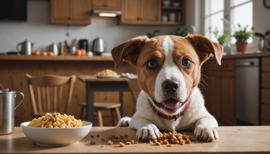 A dog, licking its lips meaningfully, sits at a kitchen table with its paws near a bowl of pasta and scattered kibble, surrounded by wooden furniture and kitchen appliances.