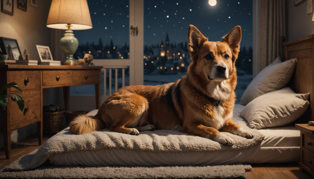 A dog lies on a cushion in a cozy room, occasionally smacking its lips in the middle of the night, with a lamp casting a warm glow and a snowy village visible through the window.