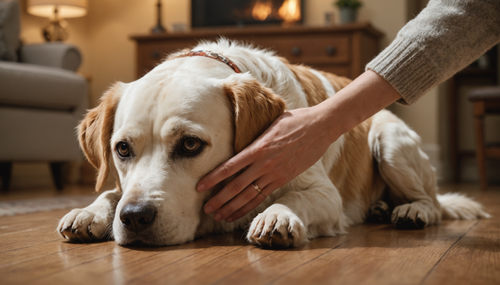 A large dog, showing gentle dominance by resting its paw on you, lies contentedly on a wooden floor as a comforting hand soothes it. In the background, the fireplace glows softly.