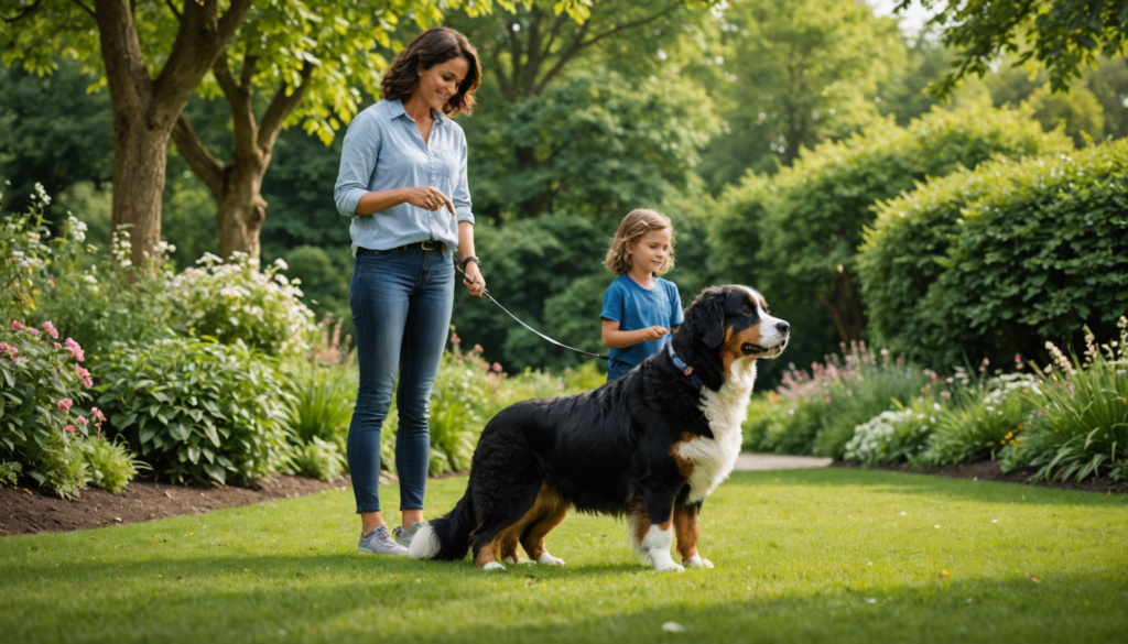 A woman and child walk a large Bernese Mountain Dog on a leash in a lush garden with trees and flowers, marveling at its gentle strength despite its formidable bite force.