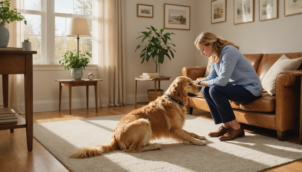 A woman sits on a brown leather couch in a sunlit living room, gently holding the face of her golden retriever on a beige rug. She's found comfort with him since he's become suddenly destructive when left alone.