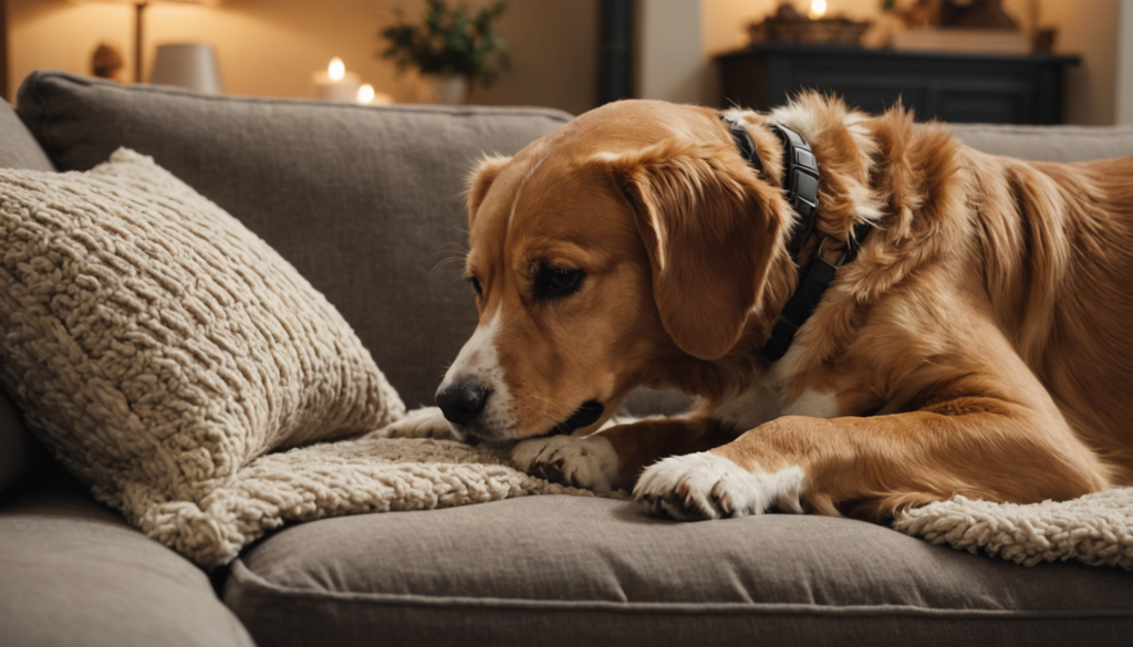 A brown and white dog with a black collar lies on a gray couch, playfully resting its head on a knitted blanket next to a textured pillow, occasionally putting its paw on you as if asserting gentle dominance.