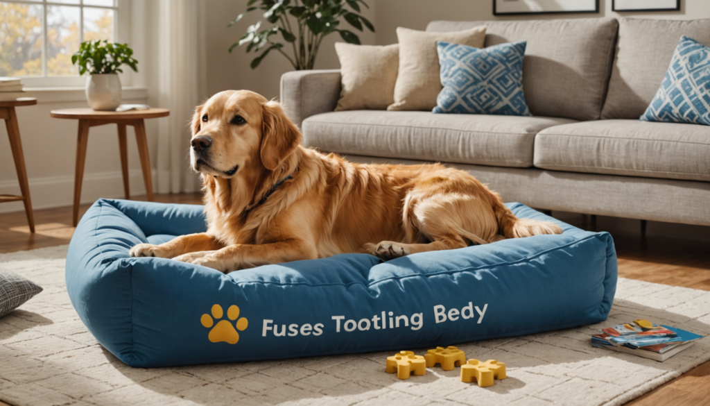 A golden retriever lies peacefully on a blue dog bed in a cozy living room, toys scattered around from when he was suddenly destructive when left alone.