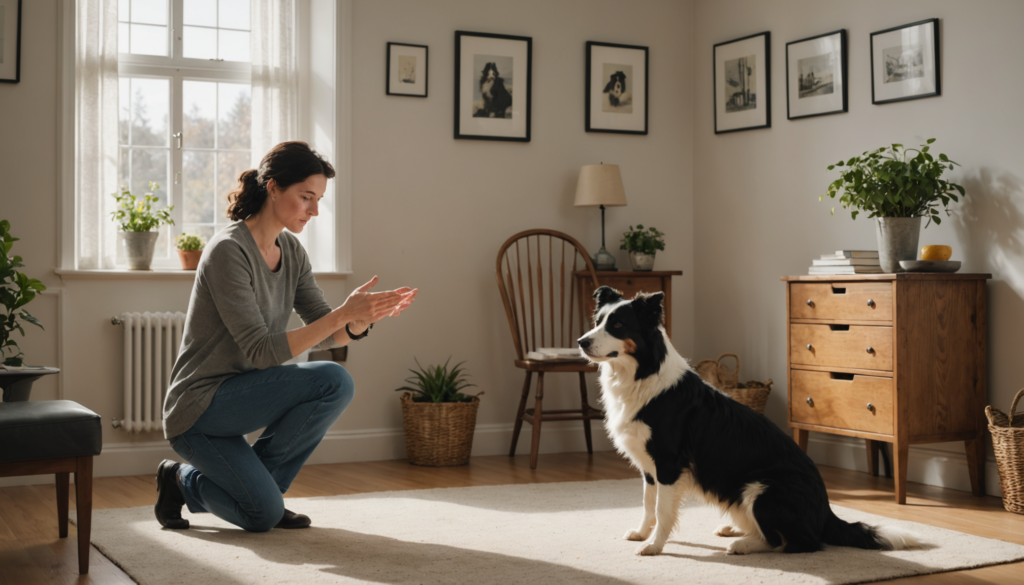 A woman kneels on a living room rug, calmly training her black and white dog. Framed pictures and plants decorate the room, offering comfort as she reassures the pup spooked by something unseen.