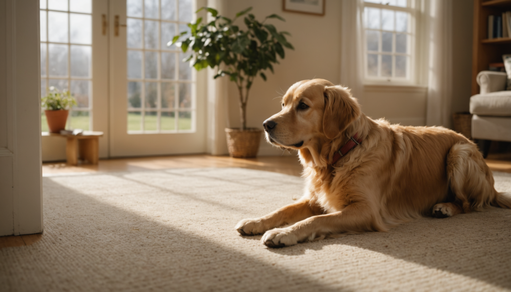 A golden retriever, spooked by something unseen, reclines cautiously on a carpet in a sunlit room. The large window casts light over the curious scene while a potted plant quietly thrives in the serene backdrop.