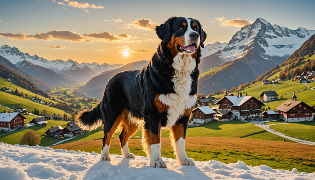 A Bernese Mountain Dog, known for its gentle nature, stands on snow overlooking a valley with houses, surrounded by majestic mountains at sunset.