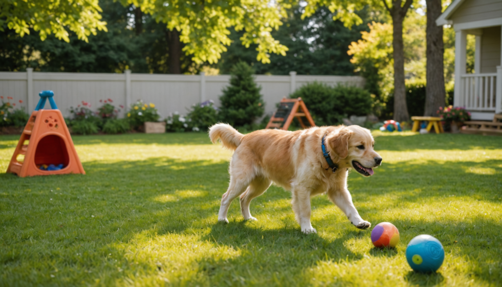 A golden retriever, momentarily spooked by something unseen, resumes frolicking on the green lawn with colorful balls, all enclosed by a white fence and shaded by trees in a sunlit backyard.