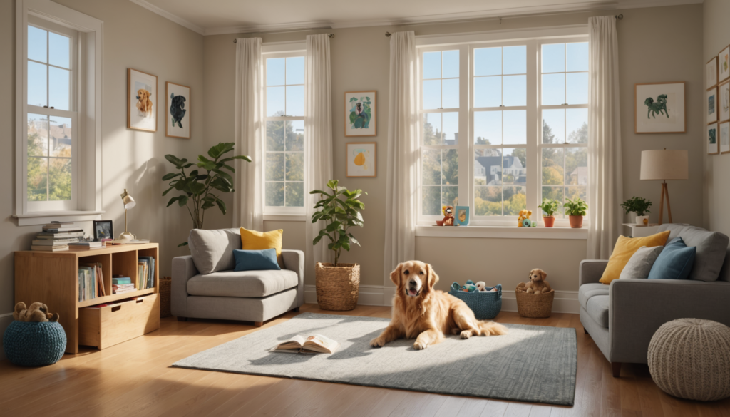 A golden retriever, though sometimes suddenly destructive when left alone, now lies peacefully on a gray rug in a sunlit living room with large windows, plants, framed art, and sofas.