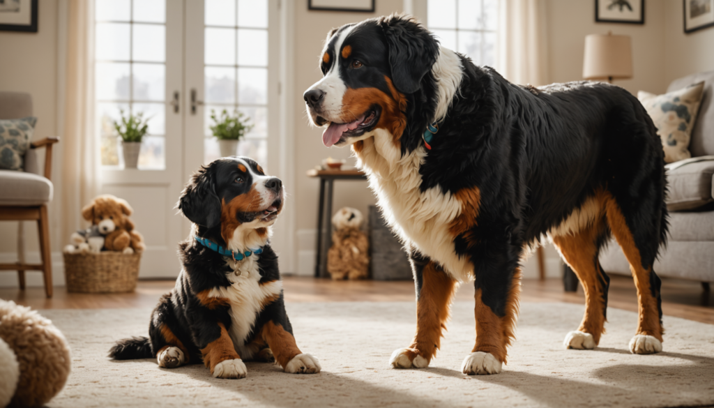 An adult Bernese Mountain Dog and a puppy stand indoors on a cozy, carpeted floor. The room is warmly decorated with stuffed animals and plants in the background, showcasing the gentle nature often associated with the breed despite their powerful bite force.