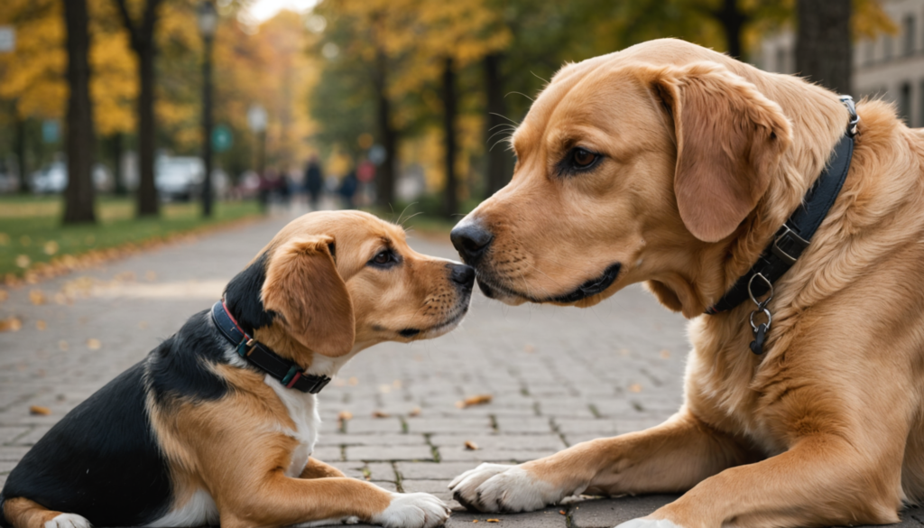 A small puppy and a larger dog touch noses while the larger one gently places a paw on the puppy, showcasing gentle dominance, all amidst a tree-lined pathway covered in autumn leaves.