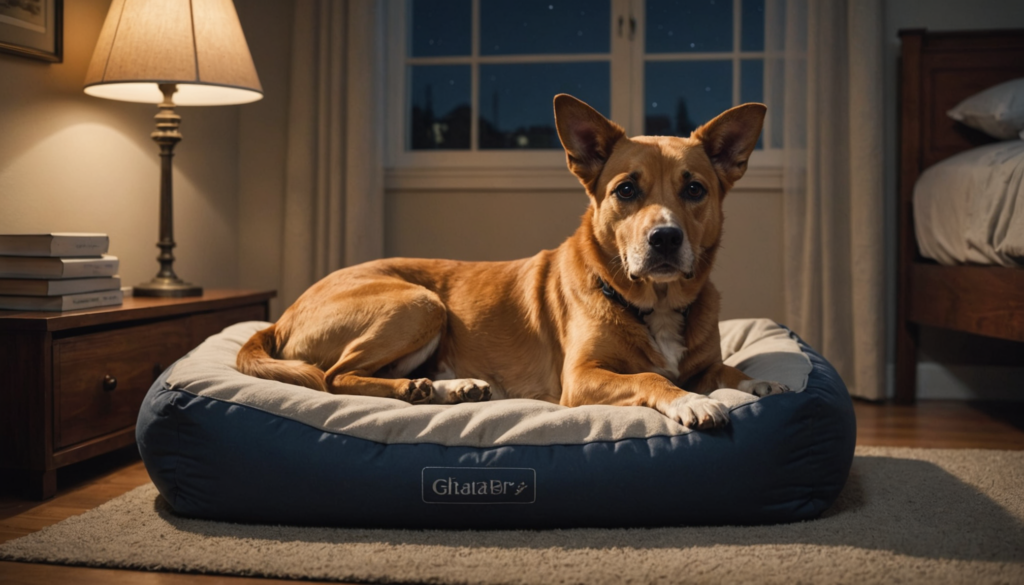 A brown dog with pointy ears lies on a cushioned dog bed in a cozy bedroom, occasionally smacking its lips in the middle of the night. Nearby, a lamp and books rest on the nightstand, while a window reveals a starry night sky.