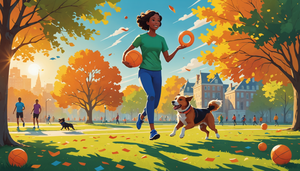 A woman jogs through the autumn park, juggling a Frisbee and a basketball, her loyal dog running beside her. Trees with vibrant orange leaves sway gently as people enjoy the scene in the background. A perfect escape for a dog suddenly destructive when left alone.