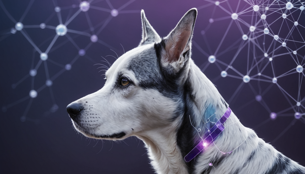 A side profile of a dog, spooked by something unseen, wearing a purple collar against a digital network backdrop.