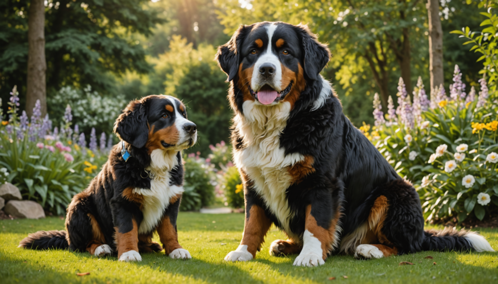 Two Bernese Mountain Dogs, an adult and a puppy, relax on the grass in a garden surrounded by trees and flowers, their gentle demeanor belying their impressive Bernese Mountain Dog bite force.