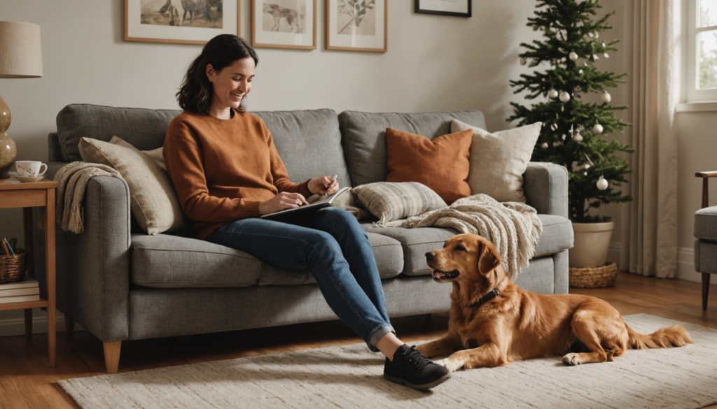 A woman sits on a sofa writing in a notebook as her golden retriever, asserting gentle dominance, rests nearby with one paw casually placed on her foot. The room exudes warmth with its Christmas tree and framed pictures adorning the walls.