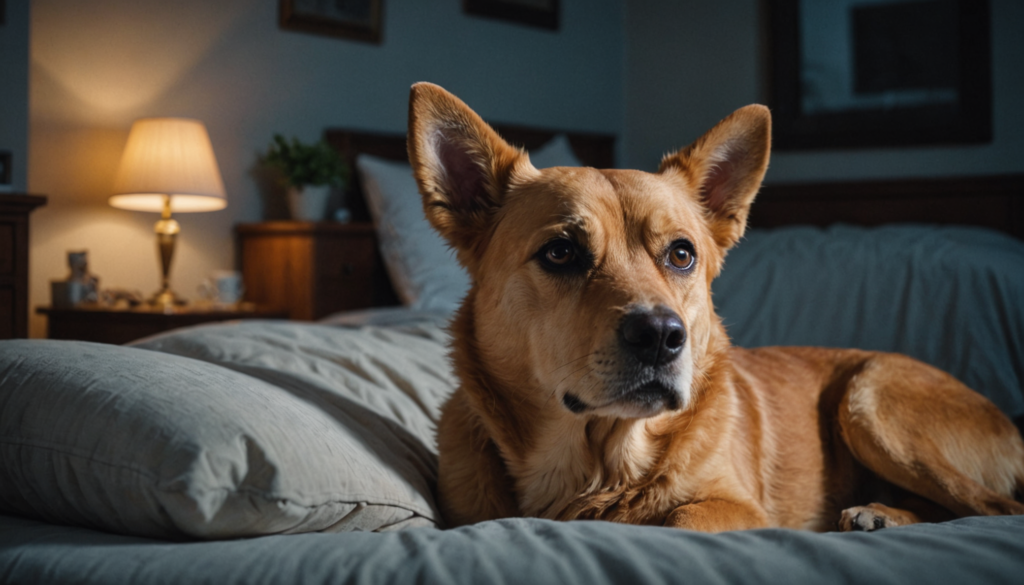 A brown dog, gently smacking its lips, lies on a bed in a dimly lit room, casting shadows as the table lamp glows softly in the background.