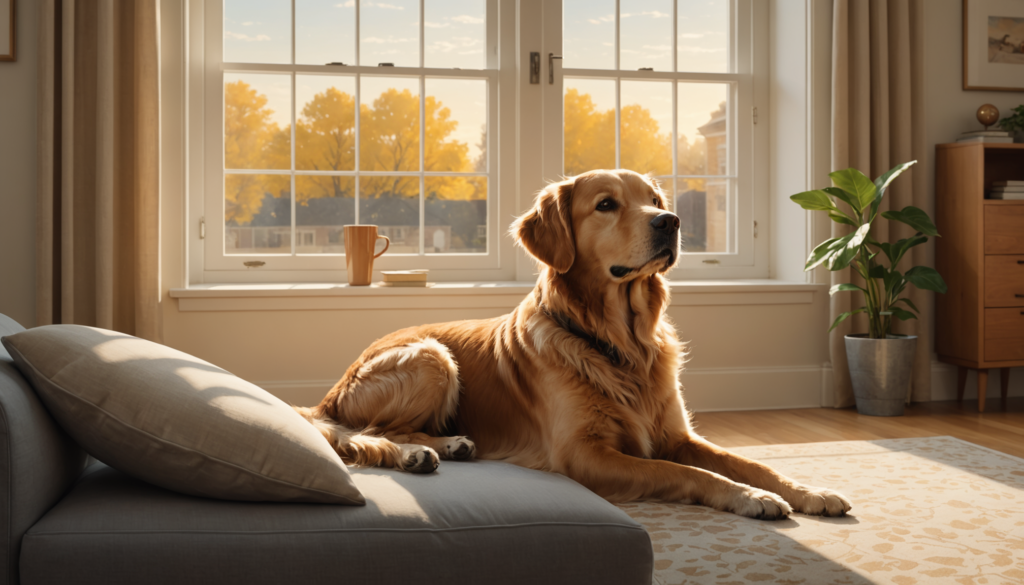 A golden retriever lounges on a sofa in a sunlit living room, framed by large windows showcasing the autumn foliage outside. Yet, when left alone, this dog suddenly becomes destructive, contrasting with its serene surroundings.