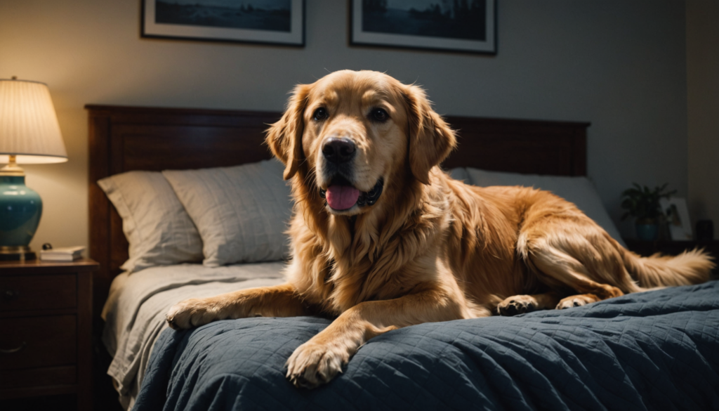 A golden retriever lies on a blue bed cover in a dimly lit bedroom, occasionally smacking its lips in the middle of the night. The room is cozy with a table lamp casting a warm glow on the framed photos adorning the wall.