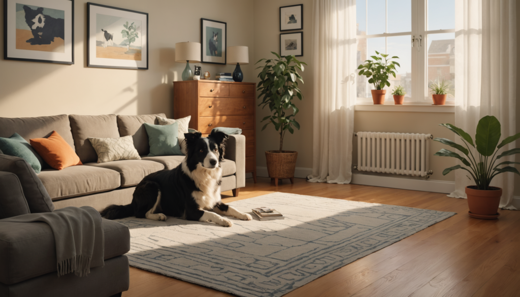 A black and white dog, seemingly spooked by something unseen, lies on a patterned rug in a sunlit living room with a gray sofa, cushions, a wooden dresser, framed art, and potted plants.